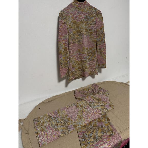 VINTAGE Goldworm Pants Set Womens 8 Made in Italy Metallic Geometric Pink Gold - Picture 3 of 15